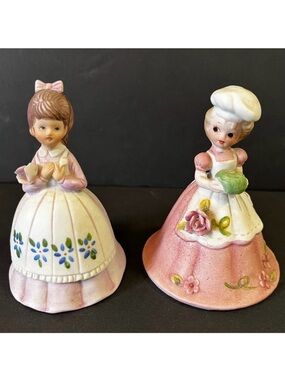 Lefton? Porcelain Bell Set Girl White Apron Baker Pink Roses Chef Garden Lot 2x